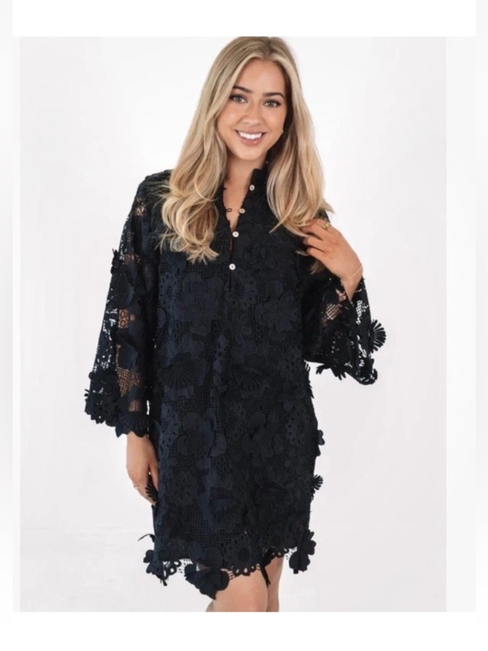 J.Marie Seraphina Shift Dress X-Small Black Floral 3D Lace 3/4 Sleeve Kaftan NWT